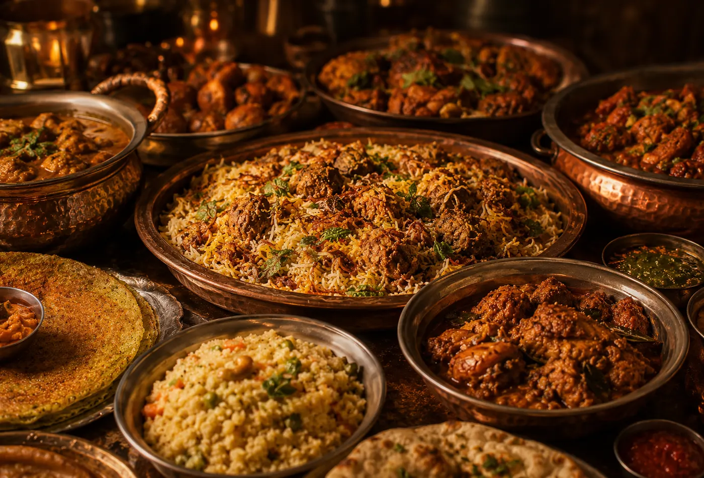 Catering spread of biryani and South Indian dishes