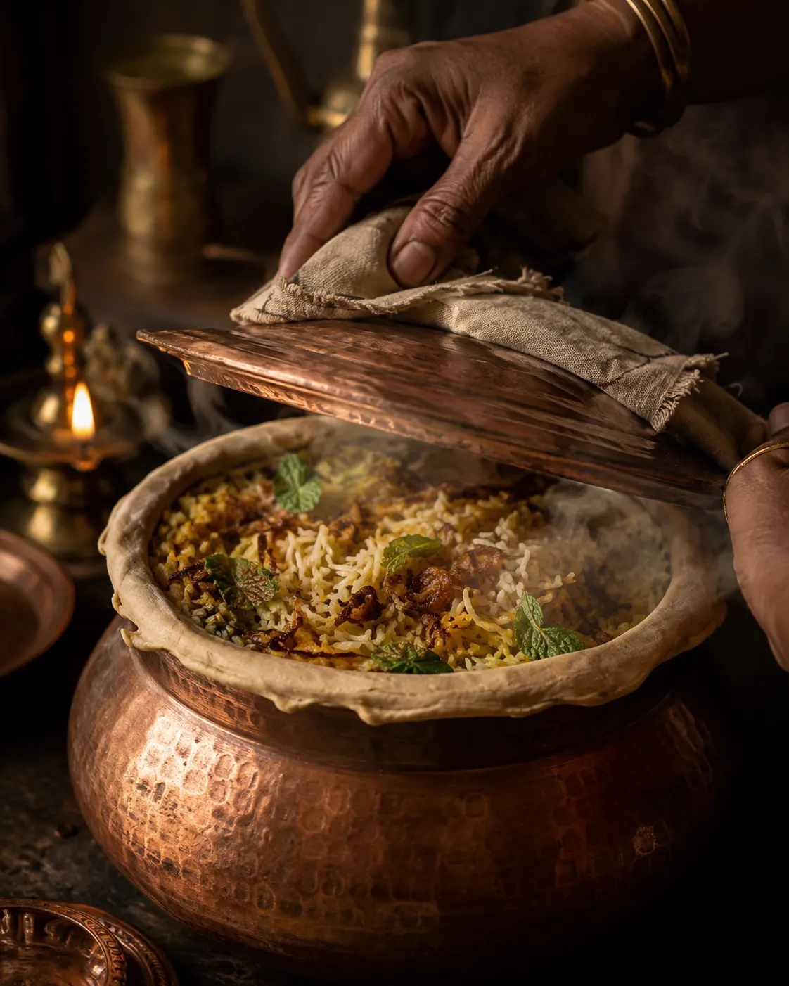 Hands lifting the dough-sealed lid off a copper handi of steaming dum biryani