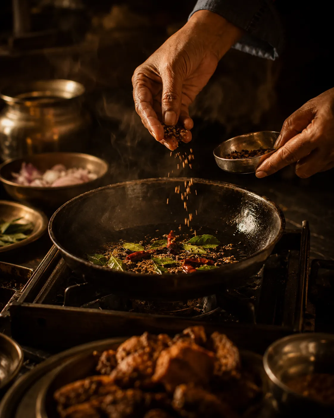 Tempering spices in ghee in the Mana Ruchulu kitchen